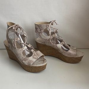 Marc Fisher “Smarty” cork wedge heel, leather upper, lace up sandal sz 10
